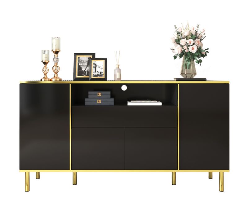 Meuble De Rangement Noir Buffet Avec Quatre Portes Et Deux Tiroirs Armoire LED Moderne
