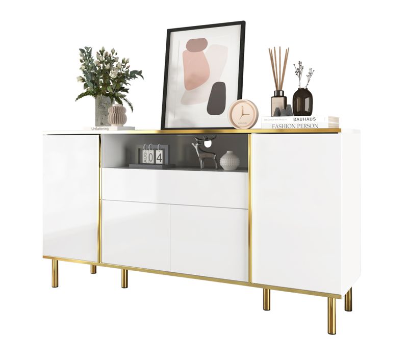 Meuble De Rangement Blanc Buffet Avec Quatre Portes Et Deux Tiroirs Armoire LED Moderne