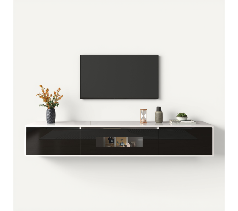 Meuble TV Moderne Avec Éclairage LED Et 3 Portes, Armoire Mural Avec Espace De Rangement, Noir