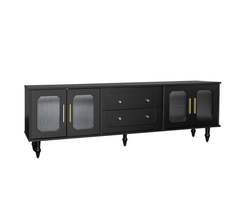 Meuble TV Bas De Style Rétro Avec 6 Compartiments De Rangement, Pieds En Bois Massif, Noir