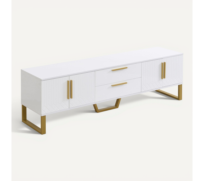 Table TV Avec Socle, Poignées Dorées, Meuble Bas De Salon Avec Portes Structurées Sculptées, Blanc