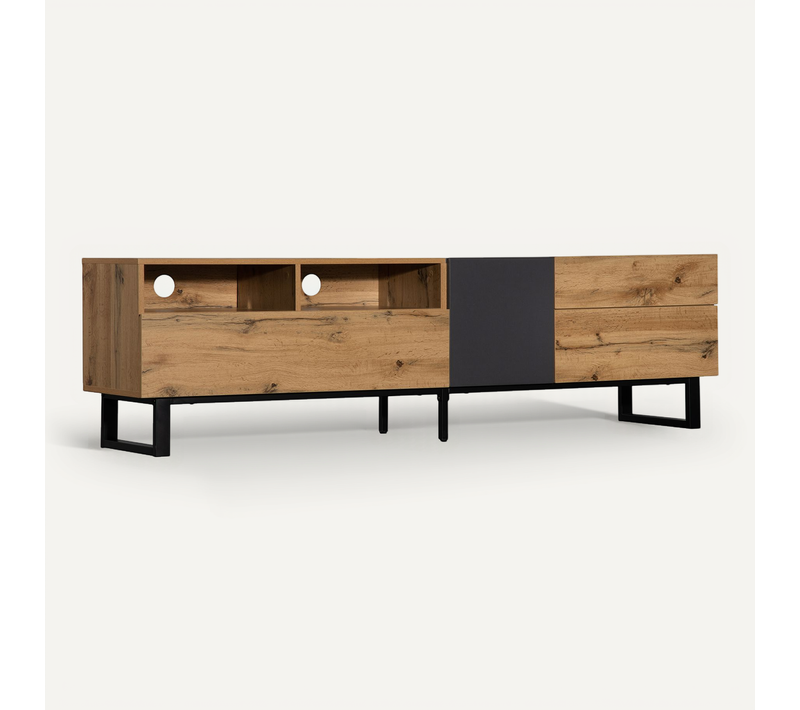 Meuble TV Bas De Style Industriel Rétro 180 Cm, Banc TV Avec 2 Portes Et 2 Tiroirs, Noir+bois