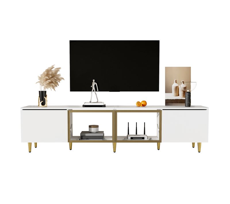 Meuble TV Bas Avec 2 Portes En Verre Et 2 Portes En Bois - Avec Pieds Dorés - Blanc
