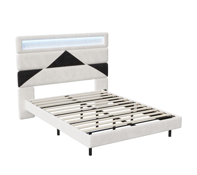 Lit 160 X 200 Cm Avec LED,  Lit Double Avec Sommier à Lattes En Bois Massif,  Velours,  Blanc