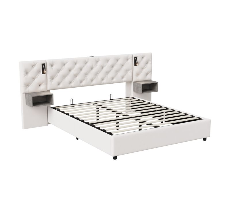 Lit Double 140x200 Cm Avec Lampe De Lecture Et Chargement USB, Lits Coffre,  Velours,  Blanc