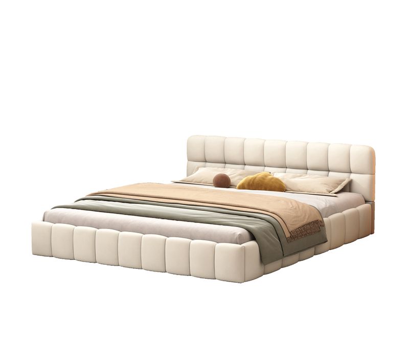Lit Adulte 140x190cm En Lin Avec Dossier Moelleux, Lit Plat Avec Sommier à Lattes, Beige
