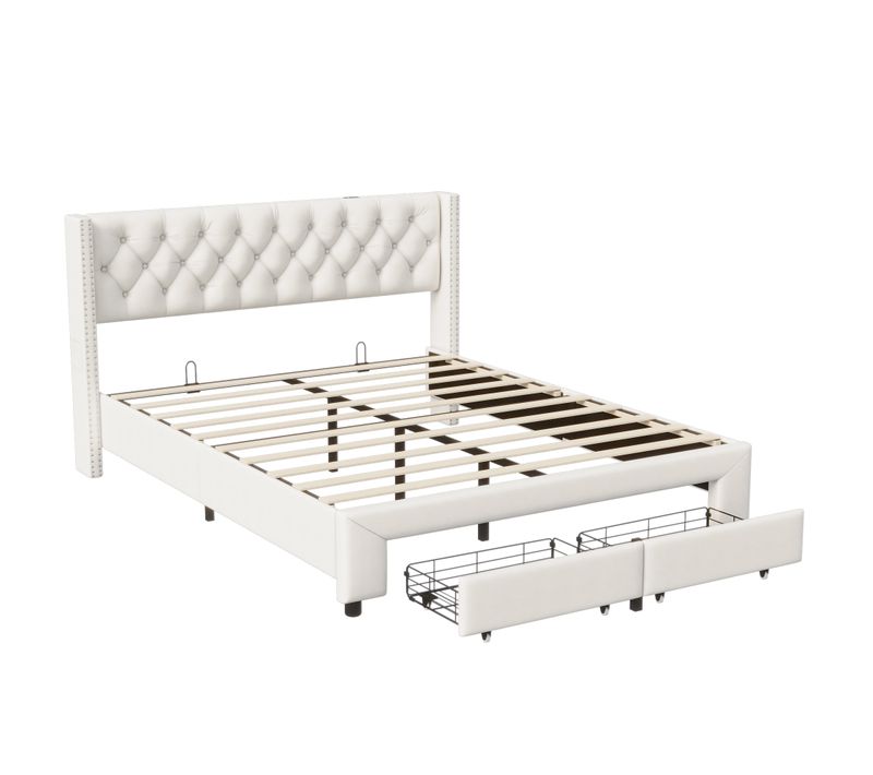 Lit Rembourré 140x190 Cm Avec Tiroirs De Rangement, Lit Double Avec USB Et LED,  Velours, Beige