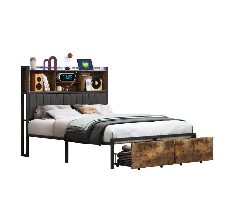 Lit Double 160x200 Cm, Lit Capitonné Avec LED Et Prises USB, Pu Tête De Lit Avec Rangement, Noir