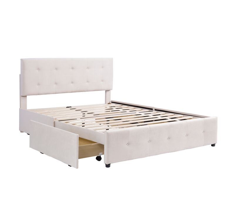 Lit Coffre 140x200 Et Tiroirs, Lit 2 Personnes, , Cadre De Lit Avec Sommier à Lattes, Velours, Beige