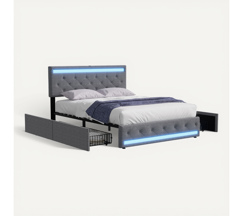 Lit 140x190 Cm Avec Sommier LED Et USB,lit Double Rembourré Avec Sommier à Lattes Et 4 Tiroirs, Gris
