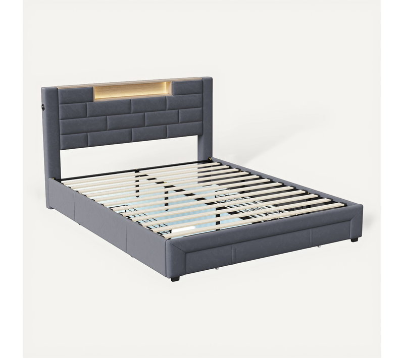 Lit Double 160 X 200 Cm Avec 3 Tiroirs, Lit Rembourré Avec Espace De Rangement, Velours, Gris