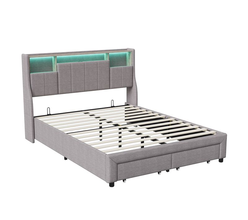 Lit Double Capitonné 140x200 Cm Avec LED Et Port USB, Lit Rembourré Avec 2 Tiroirs De Rangement,gris
