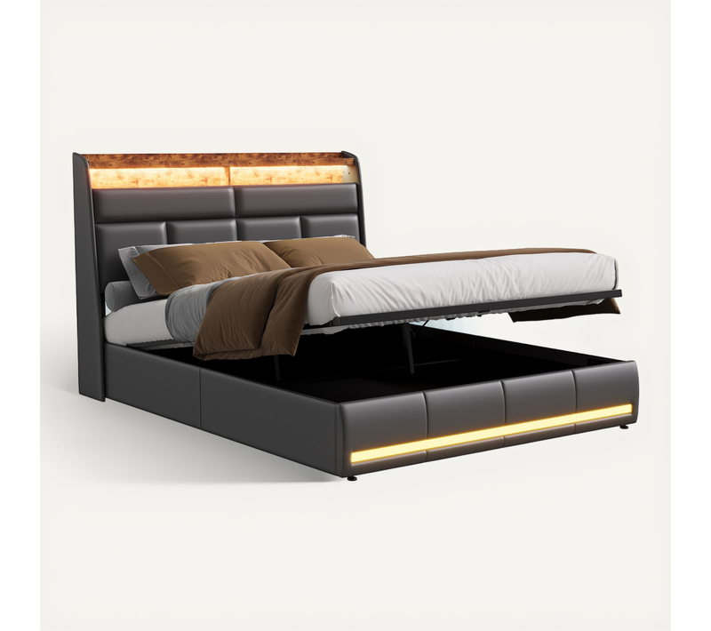 Lit Coffre160 X 200 Cm Avec Sommier LED Et USB, Lits Rembourré Cadre De Lits Avec à Lattes,pu,noir