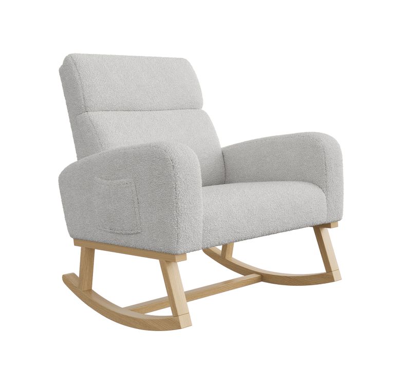 Rocking Chair, Fauteuil Allaitement Avec Poche Latérale Et Accoudoirs, Pieds En Bois, Gris Foncé