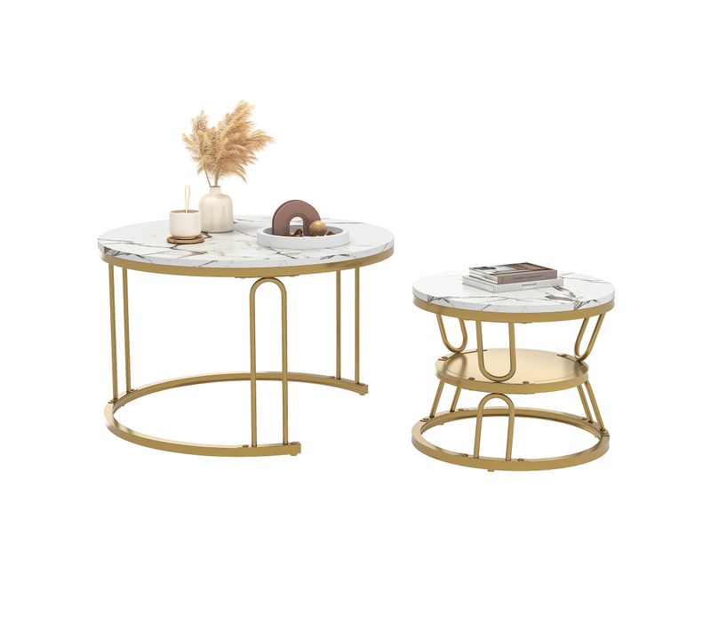 Lot De 2 Tables Basses Gigognes Tables Rondes Plateau Blanc Aspect Marbre Et Pied En Acier Doré