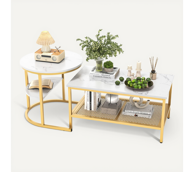 Lot De 2 Tables Basses Gigognes Modernes, Table D'appoint Ronde Pour Canapé Et Chambre, Doré