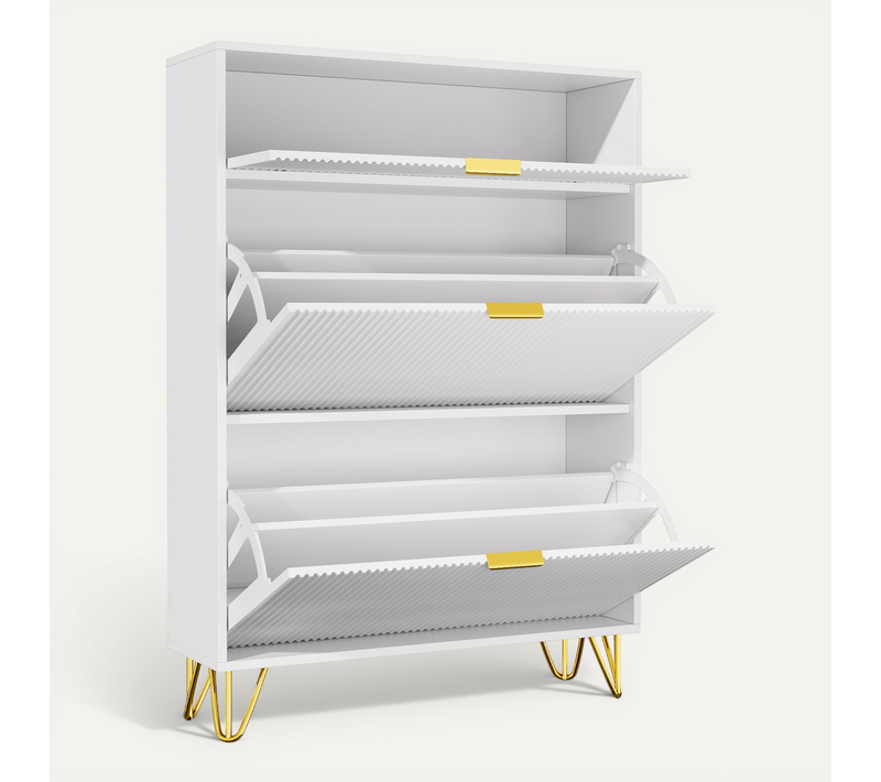 Armoire à Chaussures Moderne Blanche à 3 Tiroirs En Bois Avec Poignées Dorées, Petite Cannelée
