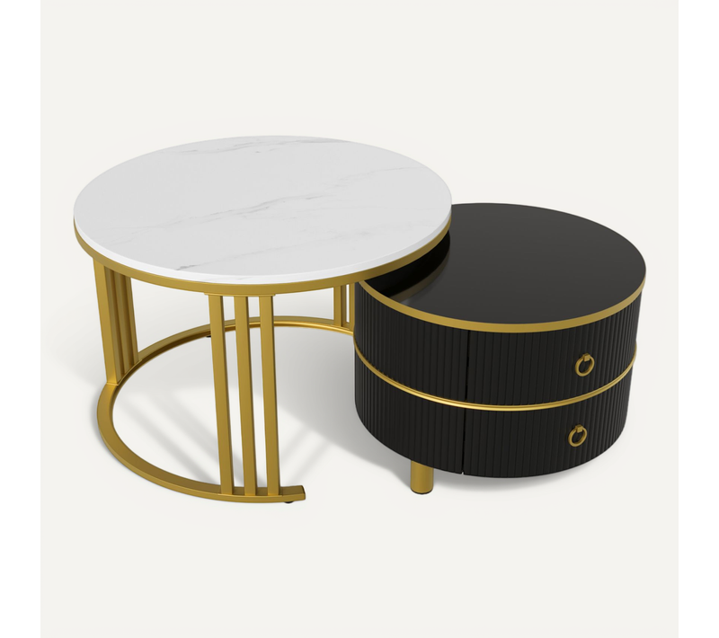 Lot De 2 Tables Basses Rondes Modernes Avec Placage En Marbre Brillant Avec 2 Tiroirs, Noir
