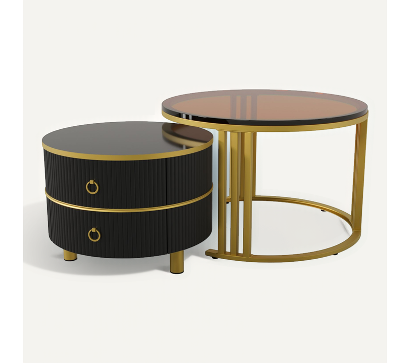 Table Basse Ronde 2 En 1 En Mdf, Plateau En Verre Trempé Brillant Et Marron, Avec 2 Tiroirs, Noir