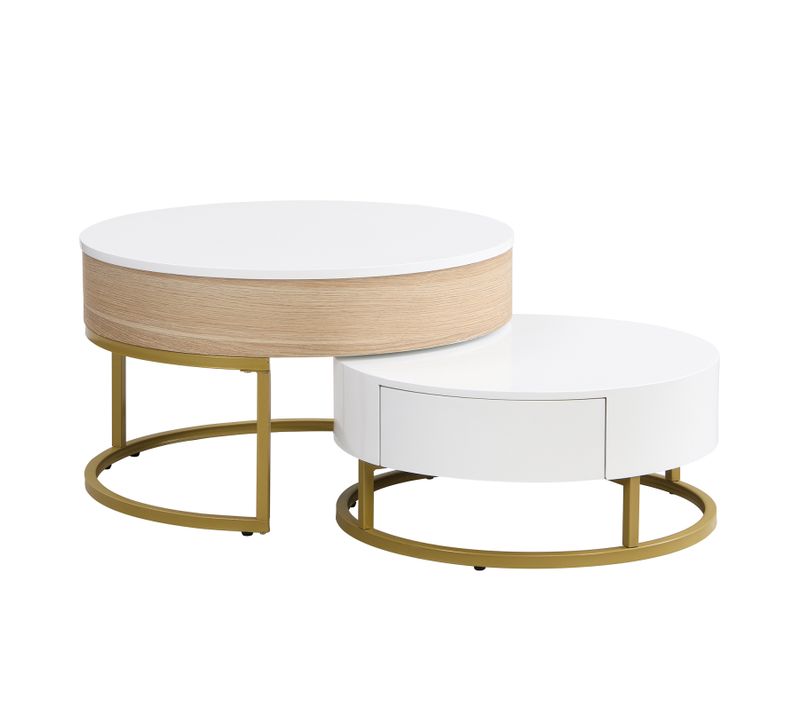 Table Basse Réglable En Hauteur, Table De Salon Moderne Avec 2 Tiroirs, Blanc Et Couleur Bois