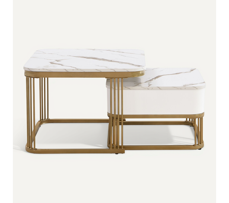 Lot De 2 Tables Basses Gigognes, Table Basse En Marbre Avec Plateau En Verre Et Tiroir, Blanc