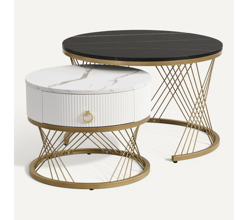 Lot De 2 Tables Basses Gigognes, Table Basse Avec Tiroir Blanc ,  Blancetnoir