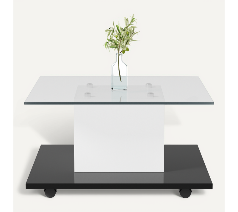Table Basse En Verre, Table Basse Carrée Avec LED Réglable, Table D’appoint Moderne, Noir Et Blanc