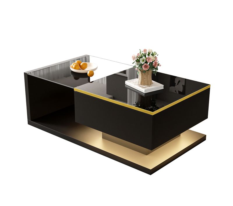 Table Basse Avec Lumière LED Réglable, Table Basse Rectangulaire Plateau En Verre Trempé, Noir