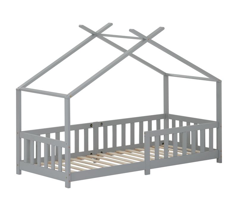 Lit Cabane Enfant 90x200 Cm, Avec Barriere Et Sommier à Lattes, Gris