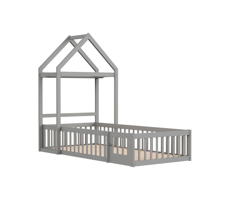 Lit Enfant 90 X 200 Cm Avec Rangement , Barrières Et Portes Entièrement Sécurisées, Gris