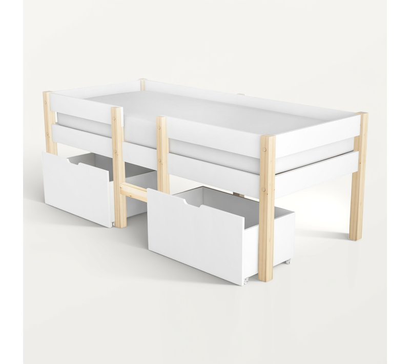 Lit 90x190 Lit Enfant Avec Protection Antichute Et 2 Tiroir, Bois Massif + Mdf, Blanc