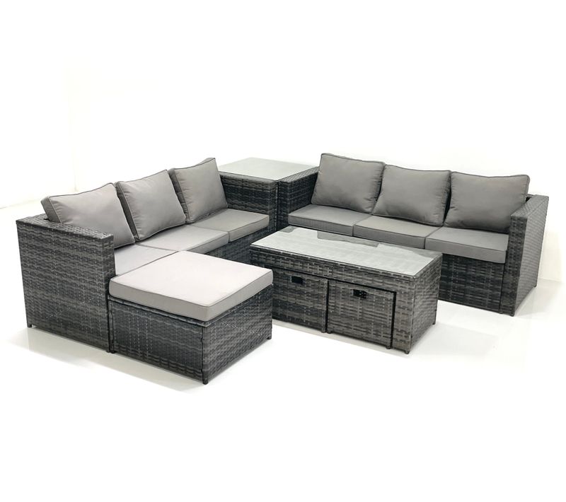 Salon De Jardin Extérieur Avec Canapé Table Basse 3 Tabourets Table D'appoint Gris Foncé Mixte