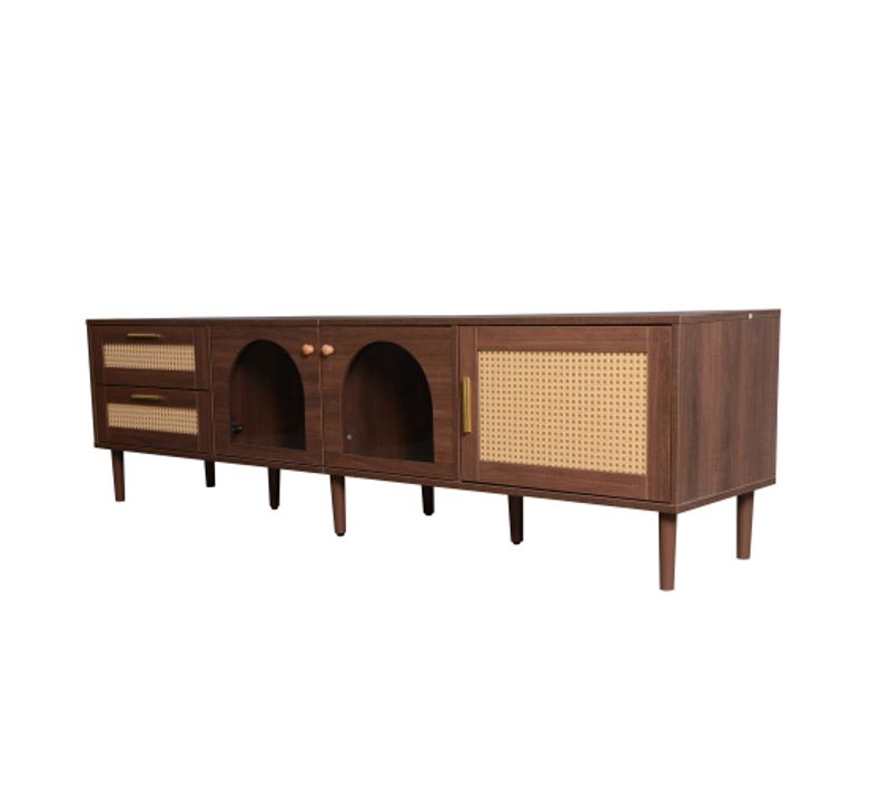Meuble TV Marron De 180 Cm Pour Téléviseur De 80 Pouces - Avec 2 Tiroirs En Rotin, 2 Portes En Verre