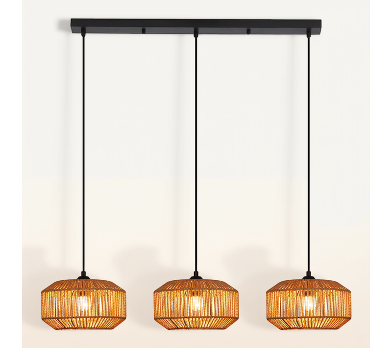 Suspension Rotin Boho Table à Manger - Lampe 3 Lumières, Rétro, E27, Hauteur Réglable(sans Ampoule)