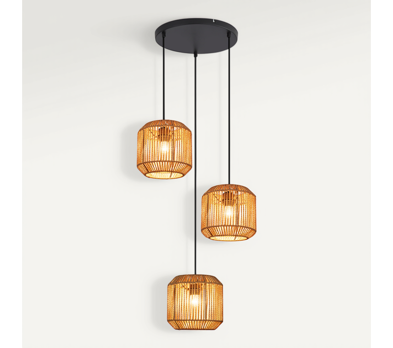 Suspension Boho Rotin Table à Manger - Lampe 3 Lumières E27, Hauteur Réglable, Rétro(sans Ampoule)