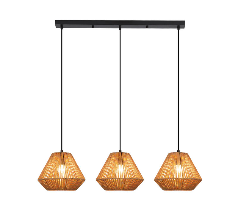 Suspension Boho Rotin Table à Manger - Lampe 3 Lumières E27, Hauteur Réglable, (sans Ampoule)