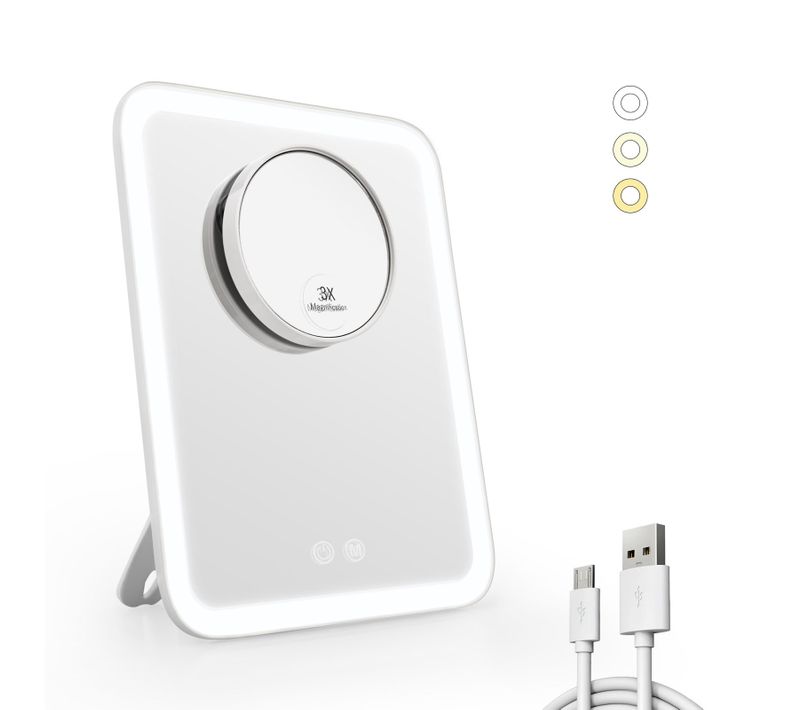 Miroir Maquillage LED Lumineux Dimmable 3 Lumières Grossissement 3x Rotatif 18.1 X 23.2 Cm Blanc