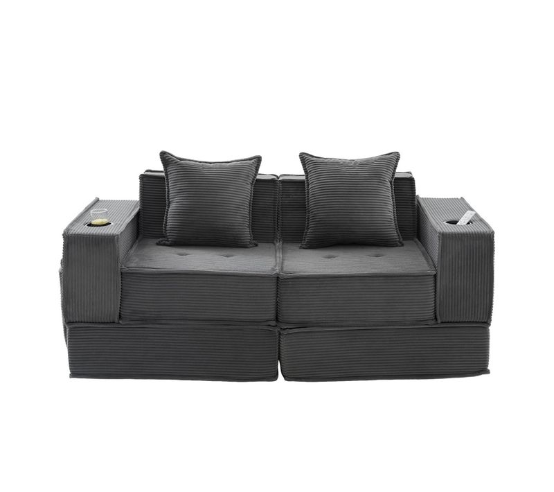 Canapé Modulable 2 Places En Tissu Avec Pouf, Coussins Et Porte-gobelets