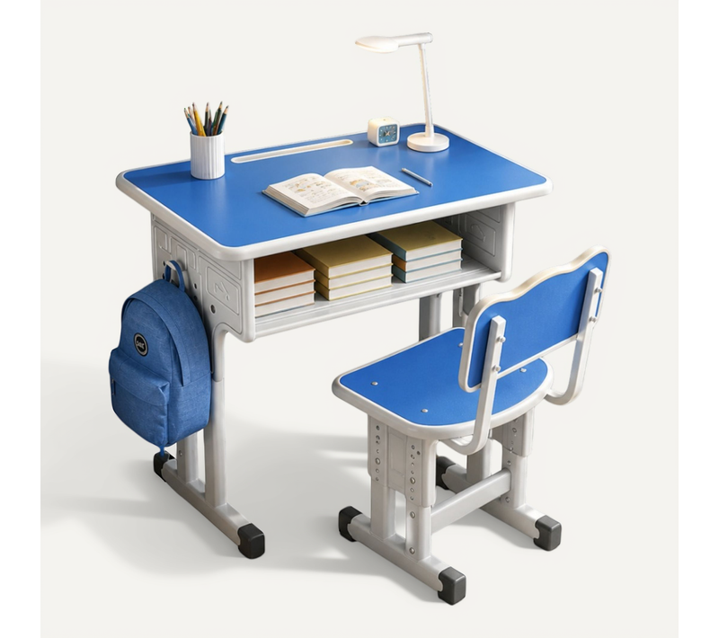 Bureau Enfant Réglable En Hauteur + Chaise, Tiroir, Crochets, Coins Arrondis, Bleu