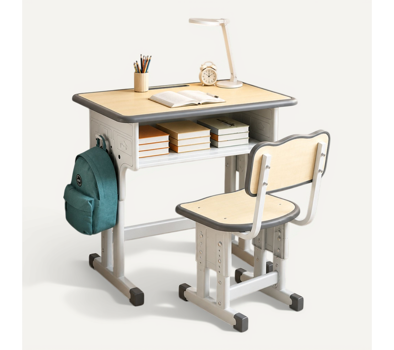 Bureau Enfant Réglable En Hauteur + Chaise, Tiroir, Crochets, Coins Arrondis, Bois Clair