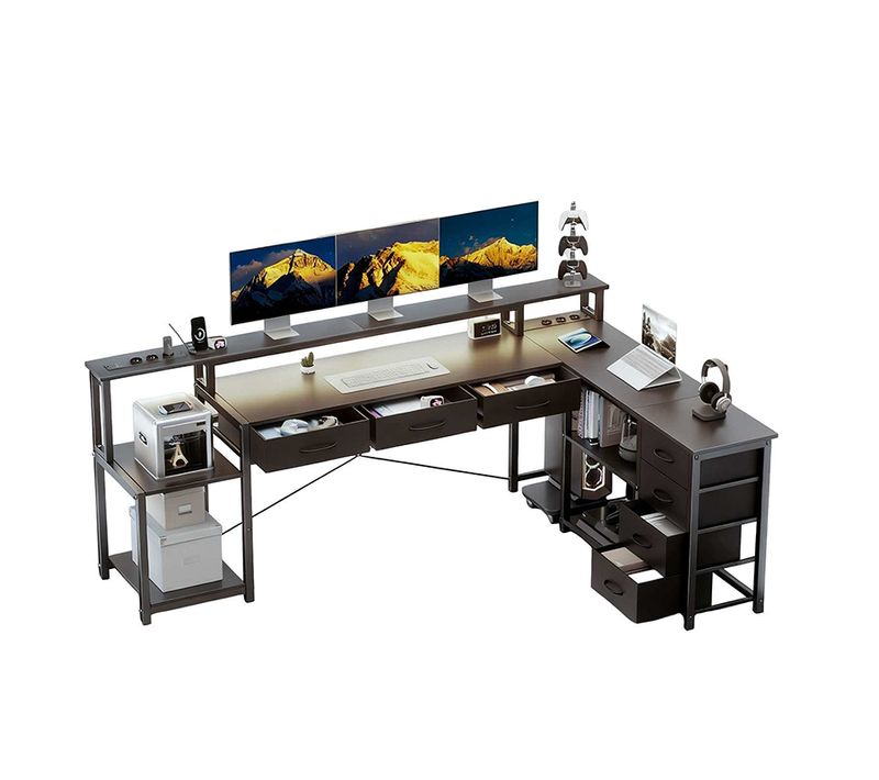Bureau En L Réversible 200cm LED Rgb 60000 Couleurs 7 Tiroirs Support écran Prises USB Noir