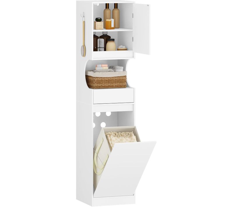 Meuble De Salle De Bain, Placard De Rangement Haut Avec Panier à Linge, Tiroir Et Porte, Blanc