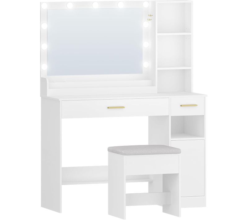 Coiffeuse Avec Miroir Et Tabouret, Luminosité Réglable, 4 Compartiments Et Armoire, Blanc