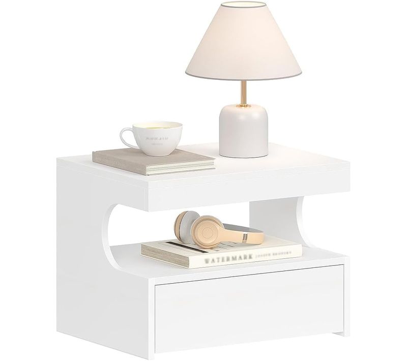 Table De Chevet Suspendue, Table De Nuit Suspendue, Étagère Murale Avec Espace Ouvert, Blanc