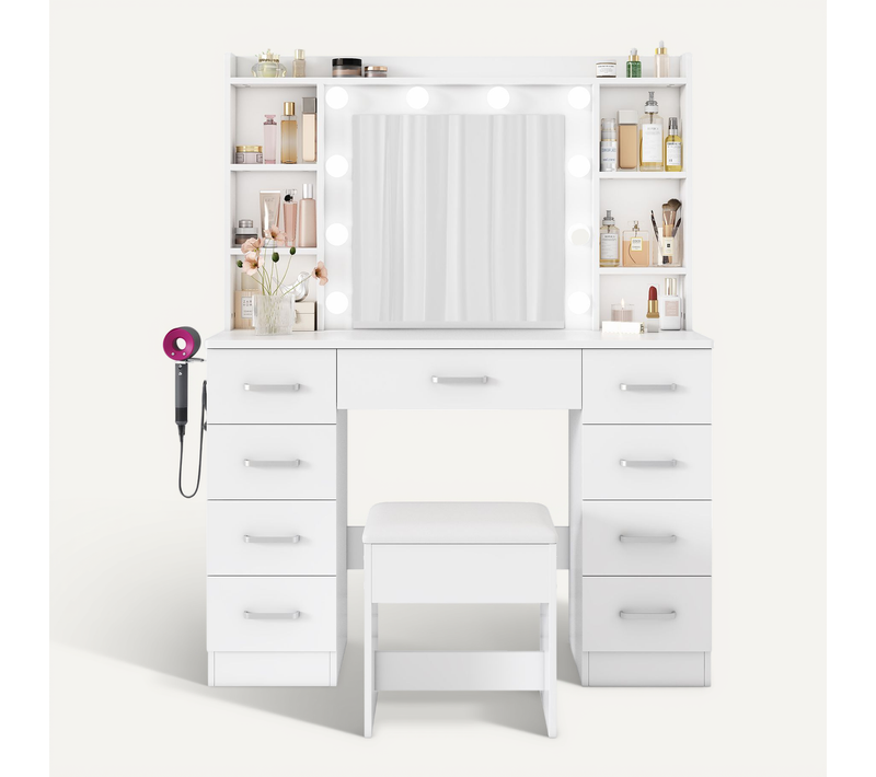 Coiffeuse Moderne Avec Miroir Lumineux à 10 LED Et Tabouret - Blanc Épuré