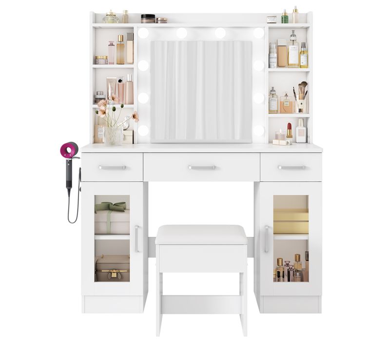 Coiffeuse Avec Miroir Lumineux LED, 2 Portes Vitrées Et 3 Tiroirs - Style Scandinave Blanc