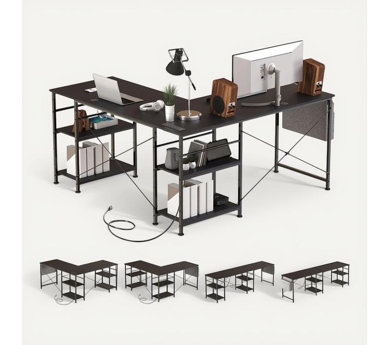 Bureau D'angle Réversible L-shape - Design Industriel Avec Rangement Intégré et Prise Intégrée
