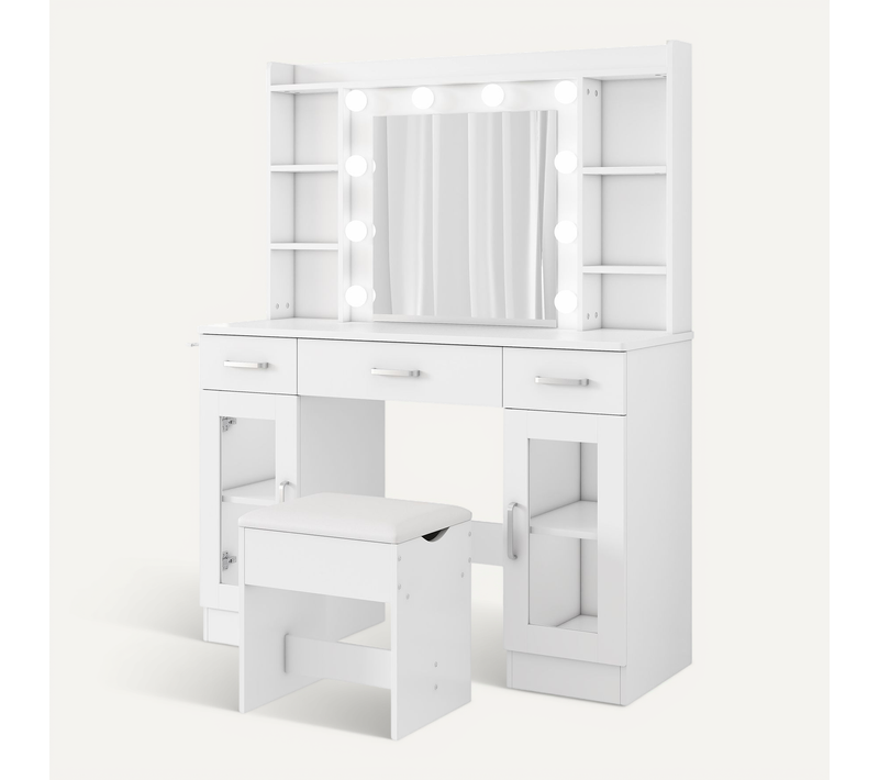 Coiffeuse Avec Miroir Lumineux LED, 2 Portes Vitrées Et 3 Tiroirs - Style Scandinave Blanc