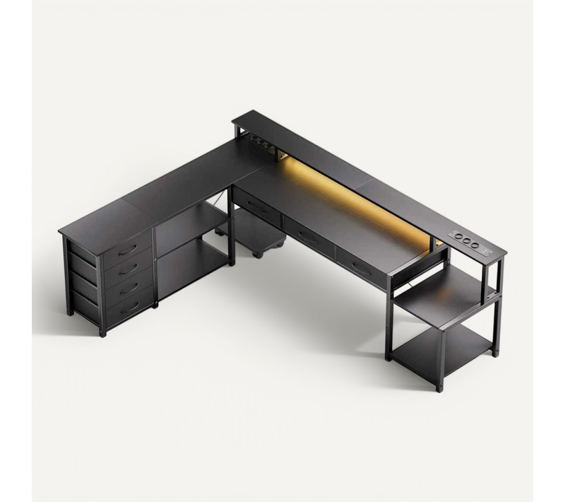 Bureau D'angle Gaming et Multimédia XXL Noir - 140x140cm - LED Rgb App - 7 Tiroirs