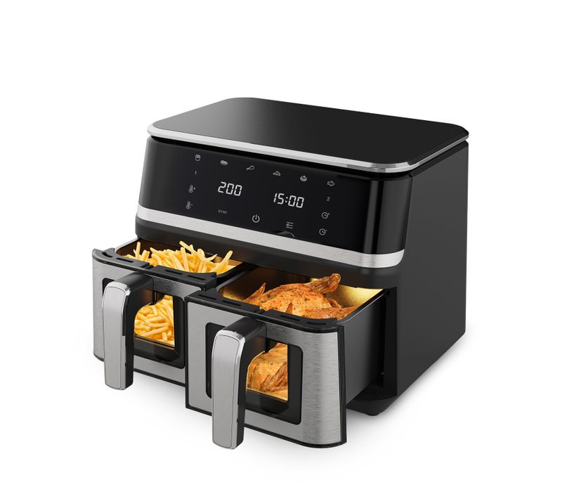 Friteuse Sans Huile à Double Panier 9l - 12 Programmes - Panneau Tactile - Noir et Inox